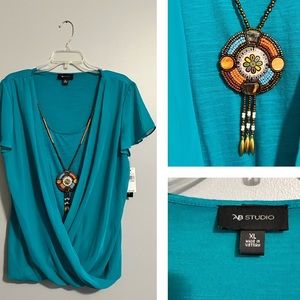Teal shirt with Necklace